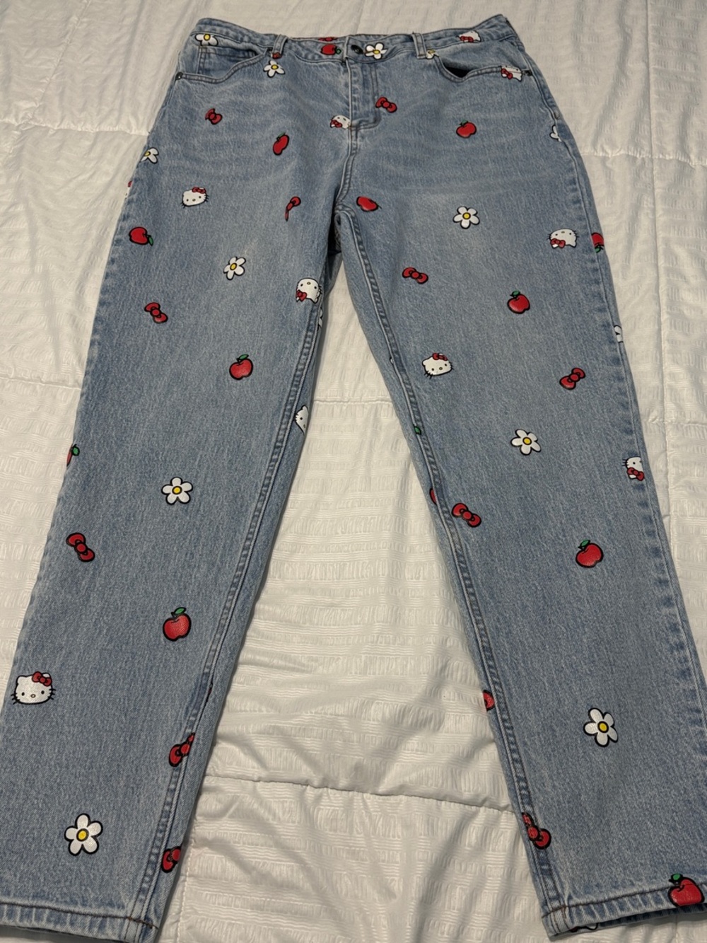 Hello Kitty Light Blue Straight Leg Jeans with Red & White Kittys Bows n Daisies